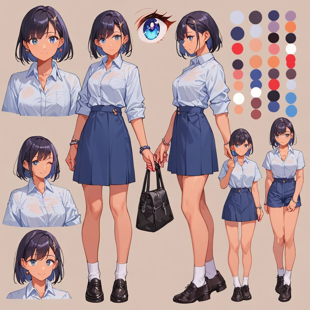 score_9, score_8_up, score_7_up, score_6_up, score_5_up, score_4_up, BREAK source_anime, 1girl, Medium length black hair, plum, Creative design, full body, Reference sheet, Character sheet