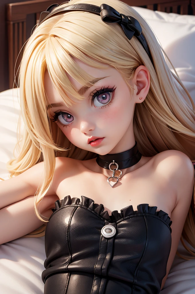 hyperrealistic american teen, blondittle, perfect tiny body, sexy, dark makeup, perfect slim face, big red lips, very cute face, tiny body, big eyes, young looking, childish looking, big tits, lying on bed