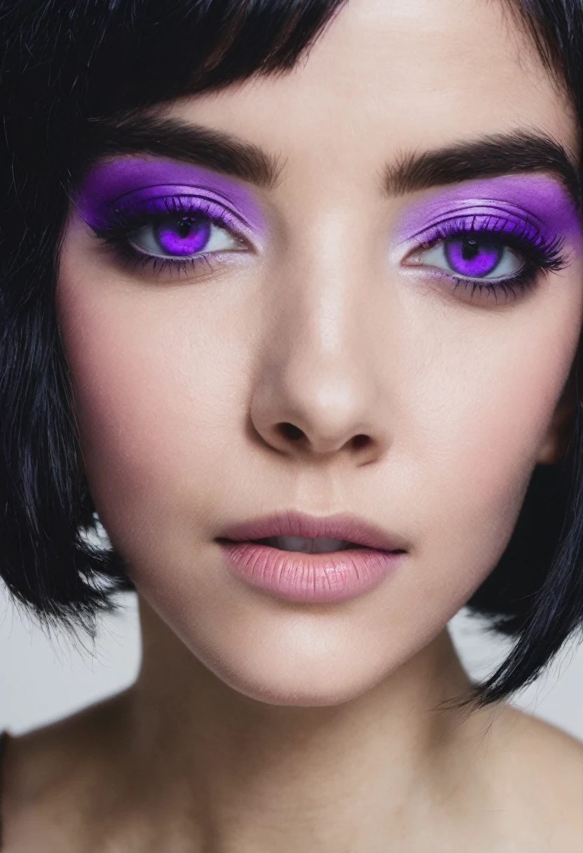 A woman with short black hair and purple eyes.