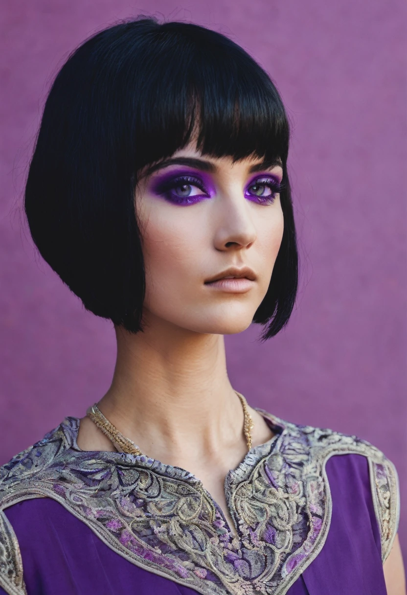 A woman with short black hair and purple eyes. 