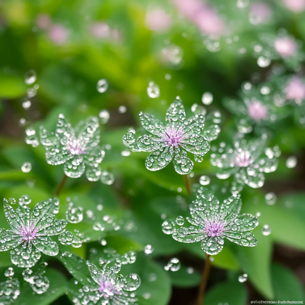 a close up of a plant with water droplets on it, bokeh. iridescent accents, very ethereal, ethereal!!!!!!!, lovely bokeh, incredibly ethereal, ethereal!!!, glittering and soft, . ethereal lights, ethereal beauty, dewdrops, very magical and dreamy, bokeh intricate details, beautiful flowers and crystals, extremely beautiful and ethereal