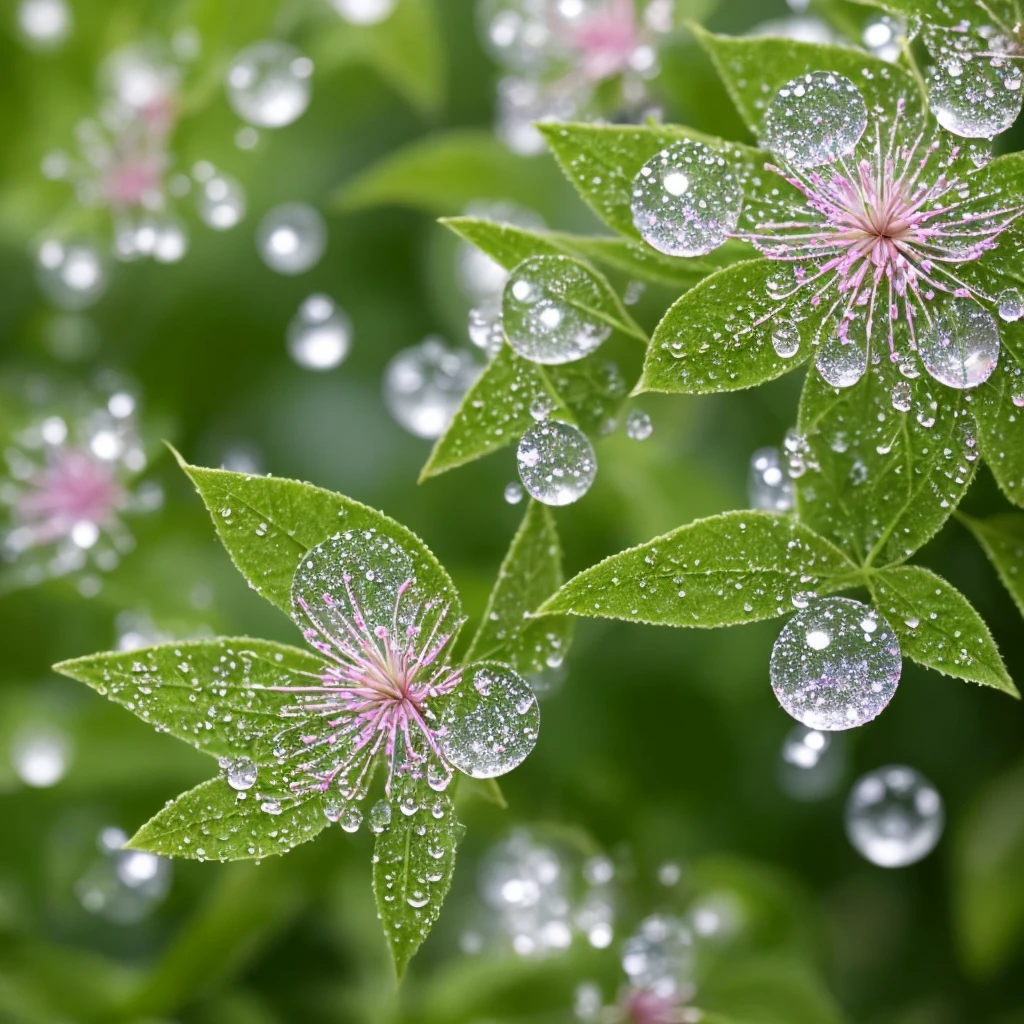 a close up of a plant with water droplets on it, bokeh. iridescent accents, very ethereal, ethereal!!!!!!!, lovely bokeh, incredibly ethereal, ethereal!!!, glittering and soft, . ethereal lights, ethereal beauty, dewdrops, very magical and dreamy, bokeh intricate details, beautiful flowers and crystals, extremely beautiful and ethereal