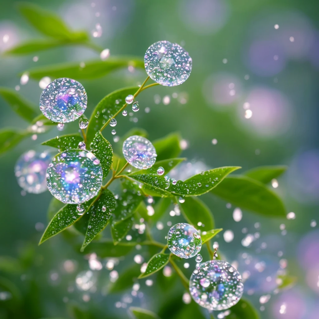 a close up of a plant with water droplets on it, bokeh. iridescent accents, very ethereal, ethereal!!!!!!!, lovely bokeh, incredibly ethereal, ethereal!!!, glittering and soft, . ethereal lights, ethereal beauty, dewdrops, very magical and dreamy, bokeh intricate details, beautiful flowers and crystals, extremely beautiful and ethereal