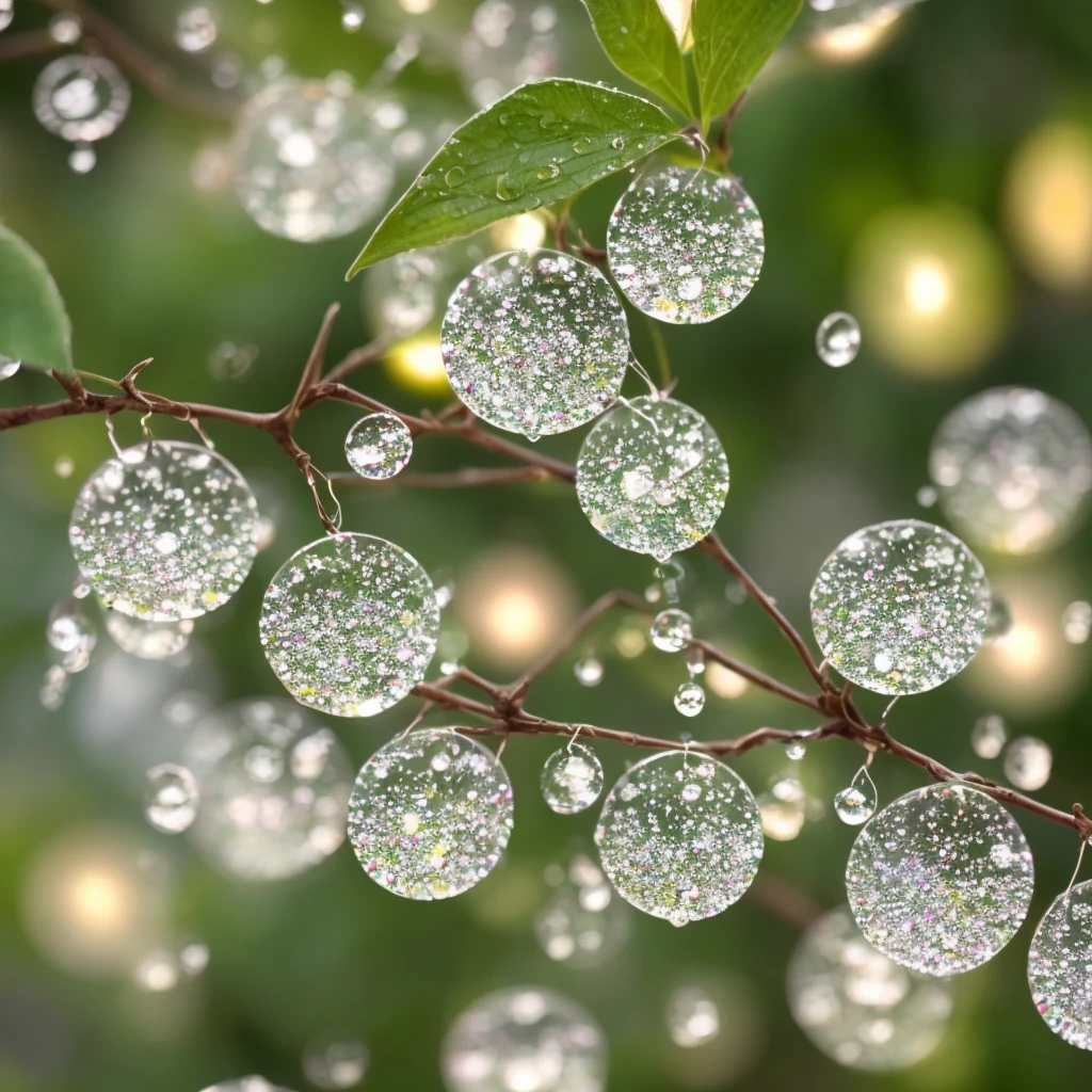 a close up of a plant with water droplets on it, bokeh. iridescent accents, very ethereal, ethereal!!!!!!!, lovely bokeh, incredibly ethereal, ethereal!!!, glittering and soft, . ethereal lights, ethereal beauty, dewdrops, very magical and dreamy, bokeh intricate details, beautiful flowers and crystals, extremely beautiful and ethereal