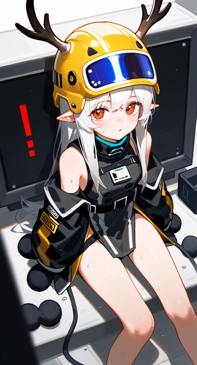 punctuation_9,punctuation_8_High above,punctuation_7_High above,1 girl,muddy stone (arknights),grimy,feet,mitts,helmet,antlers,flooras,Eyes red,Bare feet,pointy ears,breastsout,standing alone,long hair,White hair,black mitts,Toes,helmet de segurança,foco nos feet,gazing at viewer,sitting down,sweat,parted lips,grimy feet,containment,plein-air,sky,bangss,oripathy lesion (arknights),giorno,ssmile,blush,demon antlers,infection monitor (arknights),foreshortening,floor, foco nas flooras,