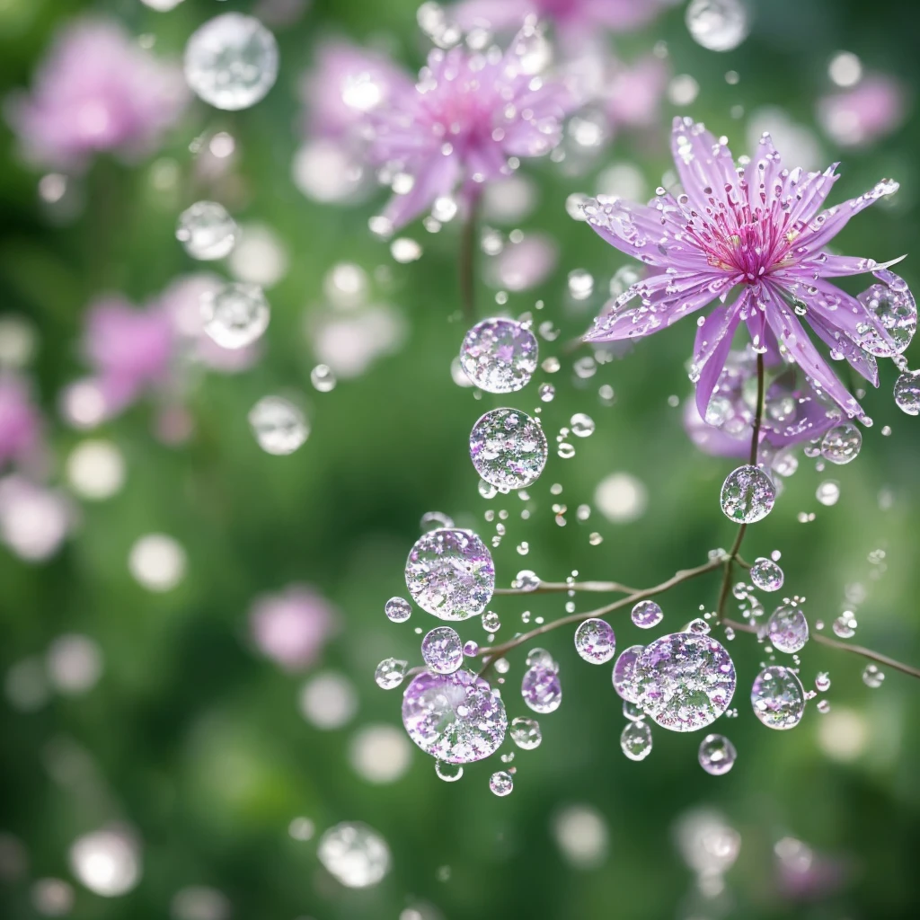 a close up of a plant with water droplets on it, bokeh. iridescent accents, very ethereal, ethereal!!!!!!!, lovely bokeh, incredibly ethereal, ethereal!!!, glittering and soft, . ethereal lights, ethereal beauty, dewdrops, very magical and dreamy, bokeh intricate details, beautiful flowers and crystals, extremely beautiful and ethereal