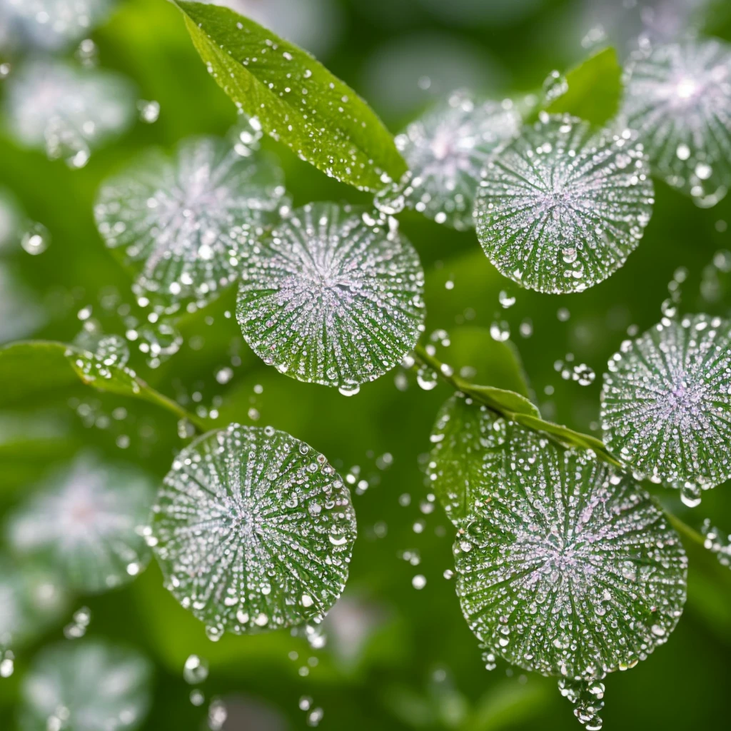 a close up of a plant with water droplets on it, bokeh. iridescent accents, very ethereal, ethereal!!!!!!!, lovely bokeh, incredibly ethereal, ethereal!!!, glittering and soft, . ethereal lights, ethereal beauty, dewdrops, very magical and dreamy, bokeh intricate details, beautiful flowers and crystals, extremely beautiful and ethereal