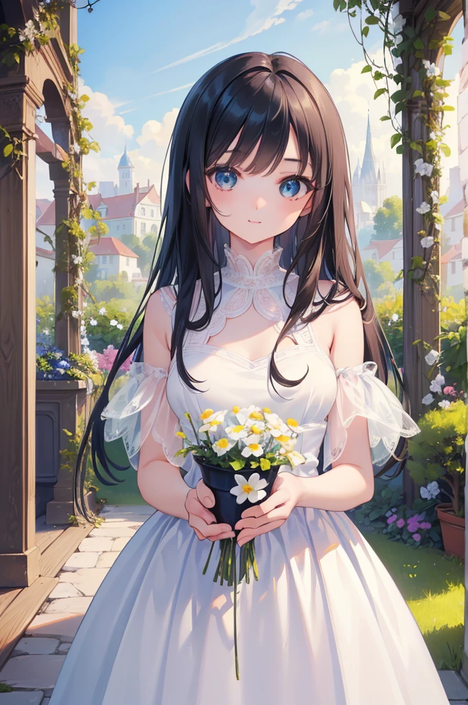 (masterpiece),(Top quality),(Extremely detailed),(high resolution),(8K Animation),(Beautiful and delicate face),(Beautiful and delicate eyes),(Anatomically correct),(Keep your head small),1 Girl,Black Hair,Long hair,(Big round eyes),Bangs,[Lavender-colored eyes:(blue eyes):0.55],A gentle smile,White Dress,(Garden),Soft sunlight