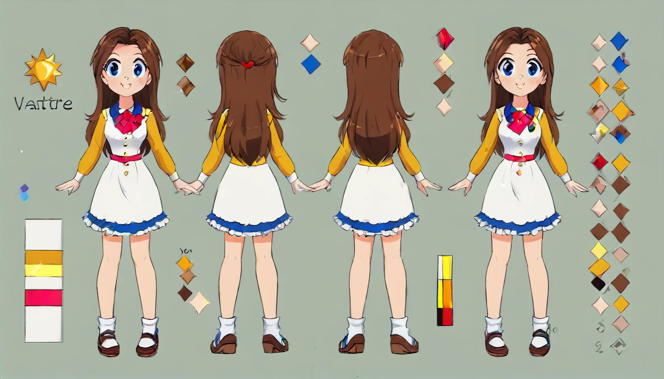 (best quality, masterpiece), 1girl, 15 yo,cute, standing girl, three view drawing, front and back and side, character sheet,full body,simple background,