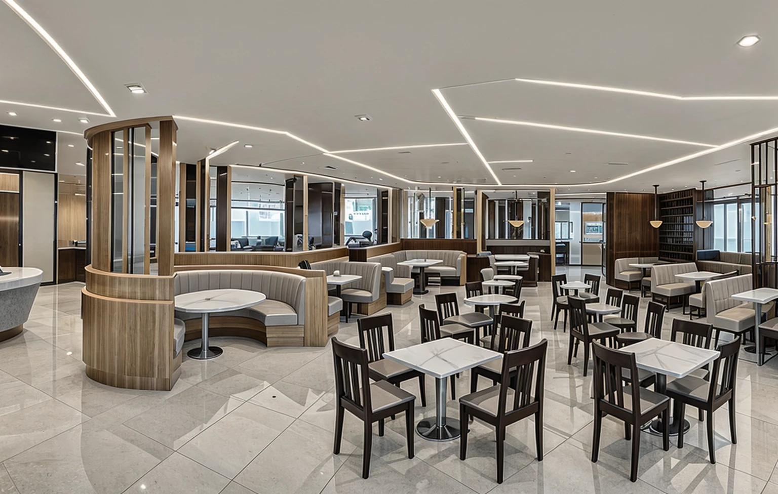 Modern style coffee shop design, white flat ceiling, ceramic tiled floor, Masterpiece photo quality, Luxurious