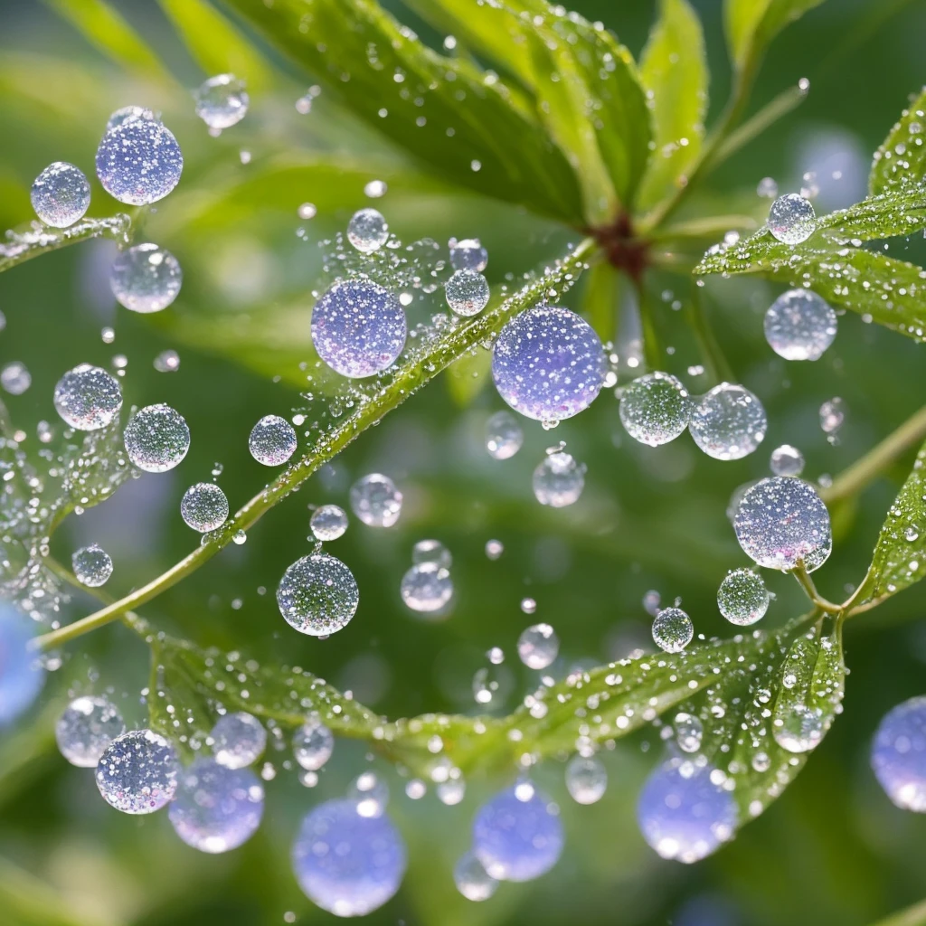a close up of a plant with water droplets on it, a macro photograph by Marie Bashkirtseff, flickr, pointillism, bokeh. iridescent accents, very ethereal, ethereal!!!!!!!, lovely bokeh, incredibly ethereal, ethereal!!!, glittering and soft, . ethereal lights, ethereal beauty, dewdrops, very magical and dreamy