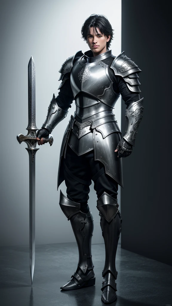 (((best quality))), (((ultra-detailed))), masterpiece, 8k, HD quality, add Details, 1boy, armor, full body armor, silver armor, black hair, green eyes, shoulder pads, big sword (weapon), masterpiece, best quality,  highres, looking at viewer, full body, wide view,long shoot, standing, extremely detailed armor, intricate details, ultraquality, black background.