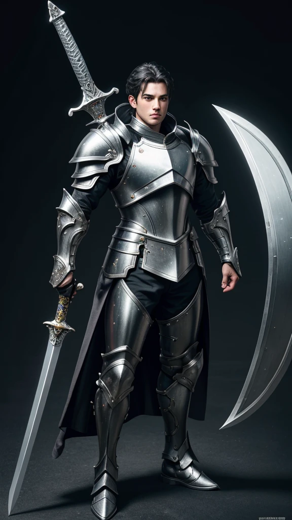 (((best quality))), (((ultra-detailed))), masterpiece, 8k, HD quality, add Details, 1boy, armor, full body armor, silver armor, black hair, green eyes, shoulder pads, big sword (weapon), masterpiece, best quality, highres, looking at viewer, full body, wide view,long shoot, standing, extremely detailed armor, intricate details, ultraquality, black background.