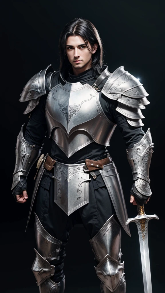(((best quality))), (((ultra-detailed))), masterpiece, 8k, HD quality, add Details, 1boy, armor, full body armor, silver armor, black hair, green eyes, shoulder pads, big sword (weapon), masterpiece, best quality, highres, looking at viewer, full body, wide view,long shoot, standing, extremely detailed armor, intricate details, ultraquality, black background.