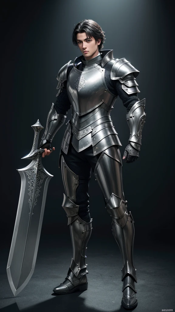 (((best quality))), (((ultra-detailed))), masterpiece, 8k, HD quality, add Details, 1boy, armor, full body armor, silver armor, black hair, green eyes, shoulder pads, big sword (weapon), masterpiece, best quality,  highres, looking at viewer, full body, wide view,long shoot, standing, extremely detailed armor, intricate details, ultraquality, black background.