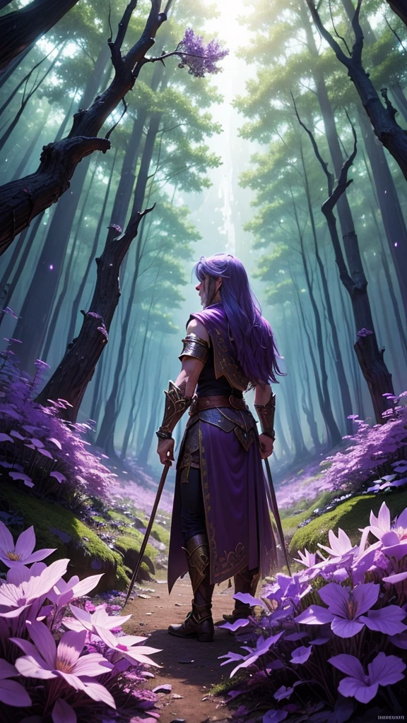 A magical warrior who uses magic in the mysterious Amethyst Forest. Wide perspective, see the scenery