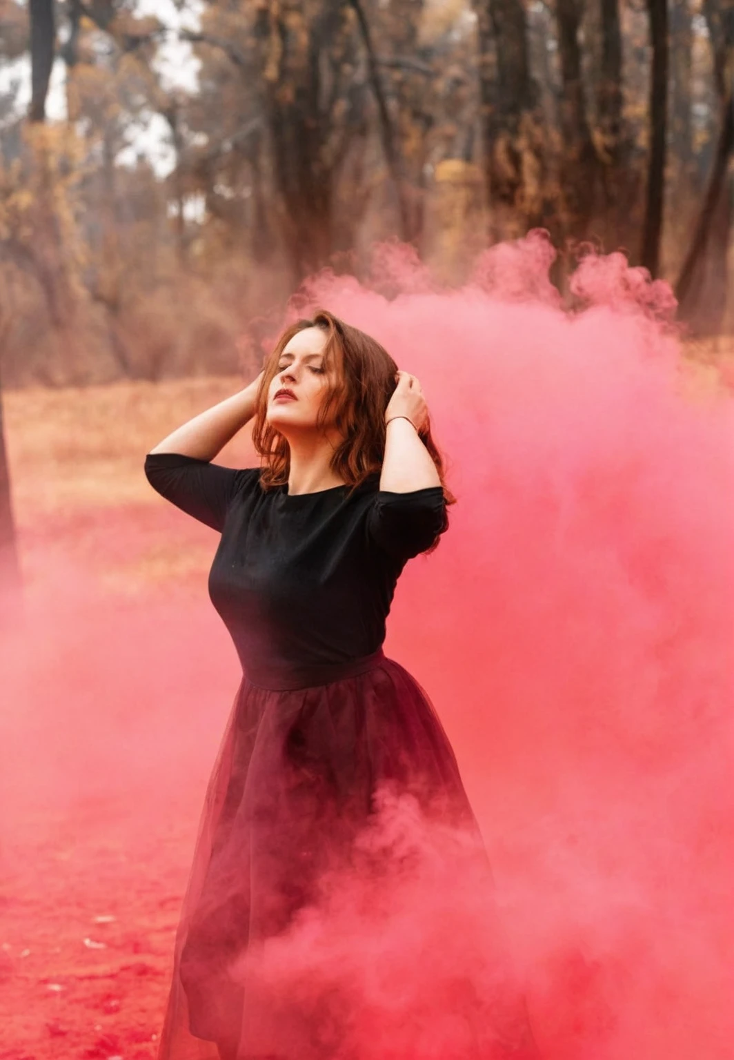 araffe woman in black dress standing in a field of red smoke, thick dust and red tones, red smoke, with smoke, red mist, pink smoke, red fog on the ground, red fog, smoke grenades, red - toned mist, smoke grenade, by Julia Pishtar, red mood in background, in front of smoke behind