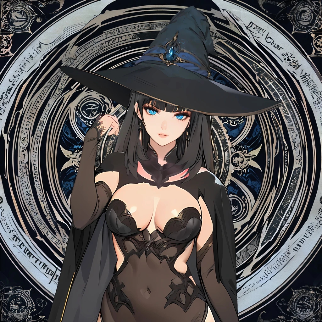 masterpiece, best quality, 1woman adult, female focus, solo, black hair, vibrant blue eyes, long hair, looking at viewer, closed mouth, bangs, Fantasy aesthetics, Highly detailed, shadowverse style, black attire, sorceress
