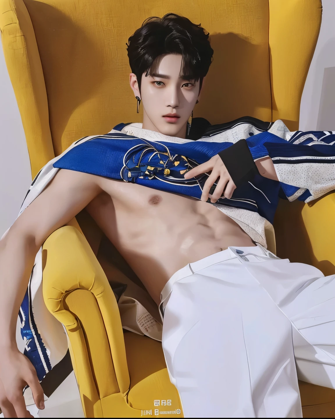 arafed man in a yellow chair with a cell phone, jinyoung shin, cai xukun, kim doyoung, south korean man, who is siwoo, lee wonbin, kim taejin, hong june hyung, hyung tae, jinyoung shin aesthetic, korean muscle boy 2 s, hyung tae kim, seson yoon, open chest clothing, jungkook