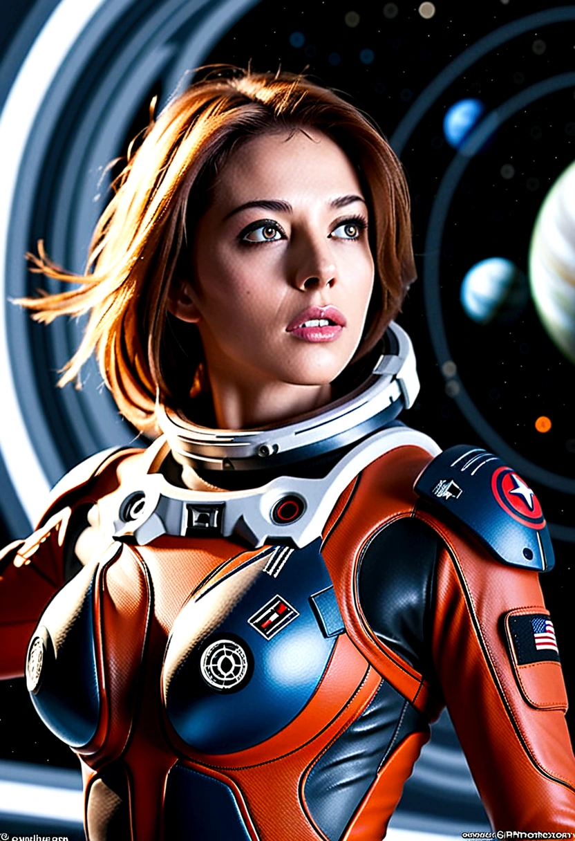 A female astronaut, extremely detailed and realistic, surrounded by gigantic starships engaged in an epic space battle, with detailed galactic conflict and photorealistic planets in the background, (best quality,4k,8k,highres,masterpiece:1.2),ultra-detailed,(realistic,photorealistic,photo-realistic:1.37),cinematic lighting,dramatic atmosphere,intense action,vibrant colors,dramatic pose,muscular body,highly detailed facial features,hyperrealistic space environment,large breasts,scifi,science fiction