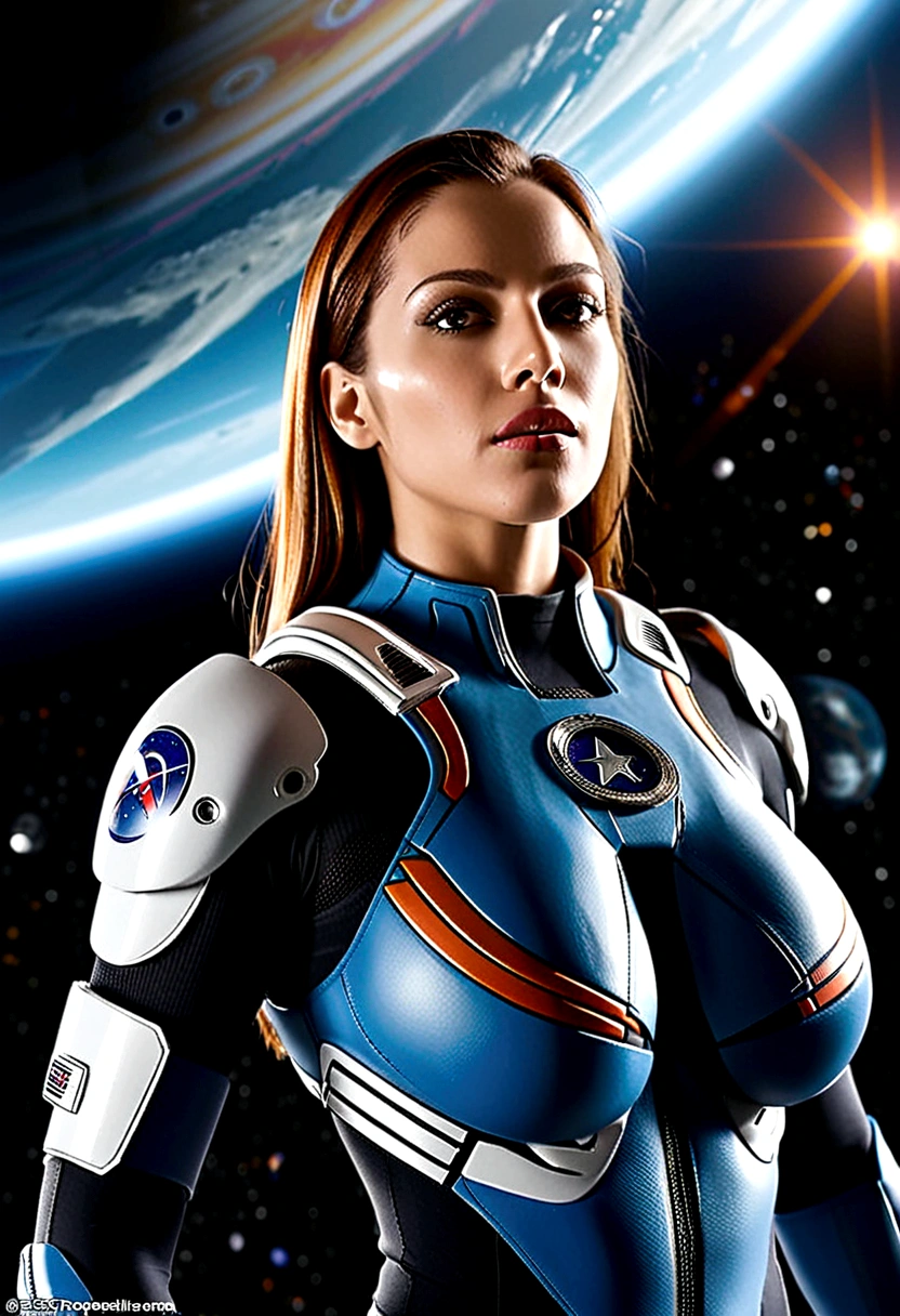 A female astronaut, extremely detailed and realistic, surrounded by gigantic starships engaged in an epic space battle, with detailed galactic conflict and photorealistic planets in the background, (best quality,4k,8k,highres,masterpiece:1.2),ultra-detailed,(realistic,photorealistic,photo-realistic:1.37),cinematic lighting,dramatic atmosphere,intense action,vibrant colors,dramatic pose,muscular body,highly detailed facial features,hyperrealistic space environment,large breasts,scifi,science fiction