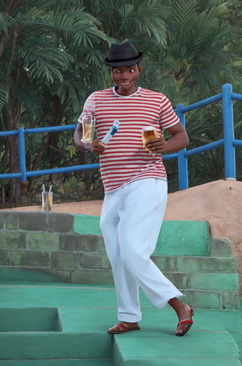 Illustration of a black MAN, Grinning, with black Panama hat, horizontally striped t-shirt in white and red, White pants, holding a glass of beer and a white and red cane in his hand 