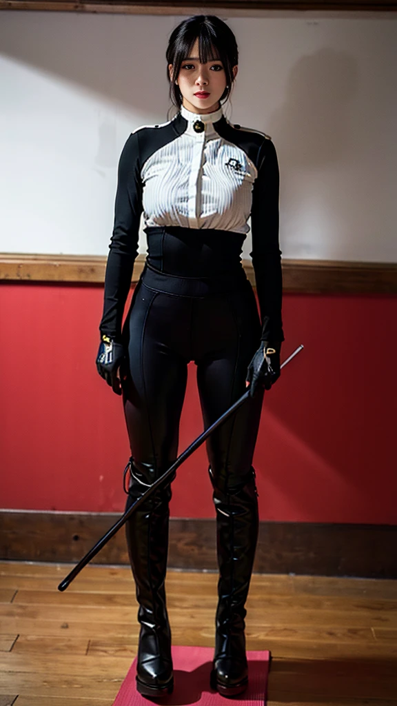 (highest resolution, distinct_image) best quality, a woman, solo, masterpiece, highly detailed, semi realistic, blonde hair, bangs, 18 years old, mature, young, tall strong, uniform, military uniform( large indoor background), cold, serious, tall, handsome, autocratic, powerful, exquisite facial features, exquisite facial features, (full body)(black knee-high boots:1.4)(dominatrix:0.3)(white Yoga pants:1.3),(gloves:1.5)(long sleeves),(active sportswear shirt),solo,1girl,(looking at viewer),(from below:0.9)(head turned upwards:0.3)(smiling:0.4)(bodysuit:0.3)(holding riding crop:1.2)(muscular:0.8)(shirt tucket in pants)(parquet flooring)(standing on floor)(pretty eyes)(staring)(yandere), red eyes, white hair, superior smirk, smiling, devious, anime look, detailed drawing, manga, illustration , glowing red eyes, superior, smug
