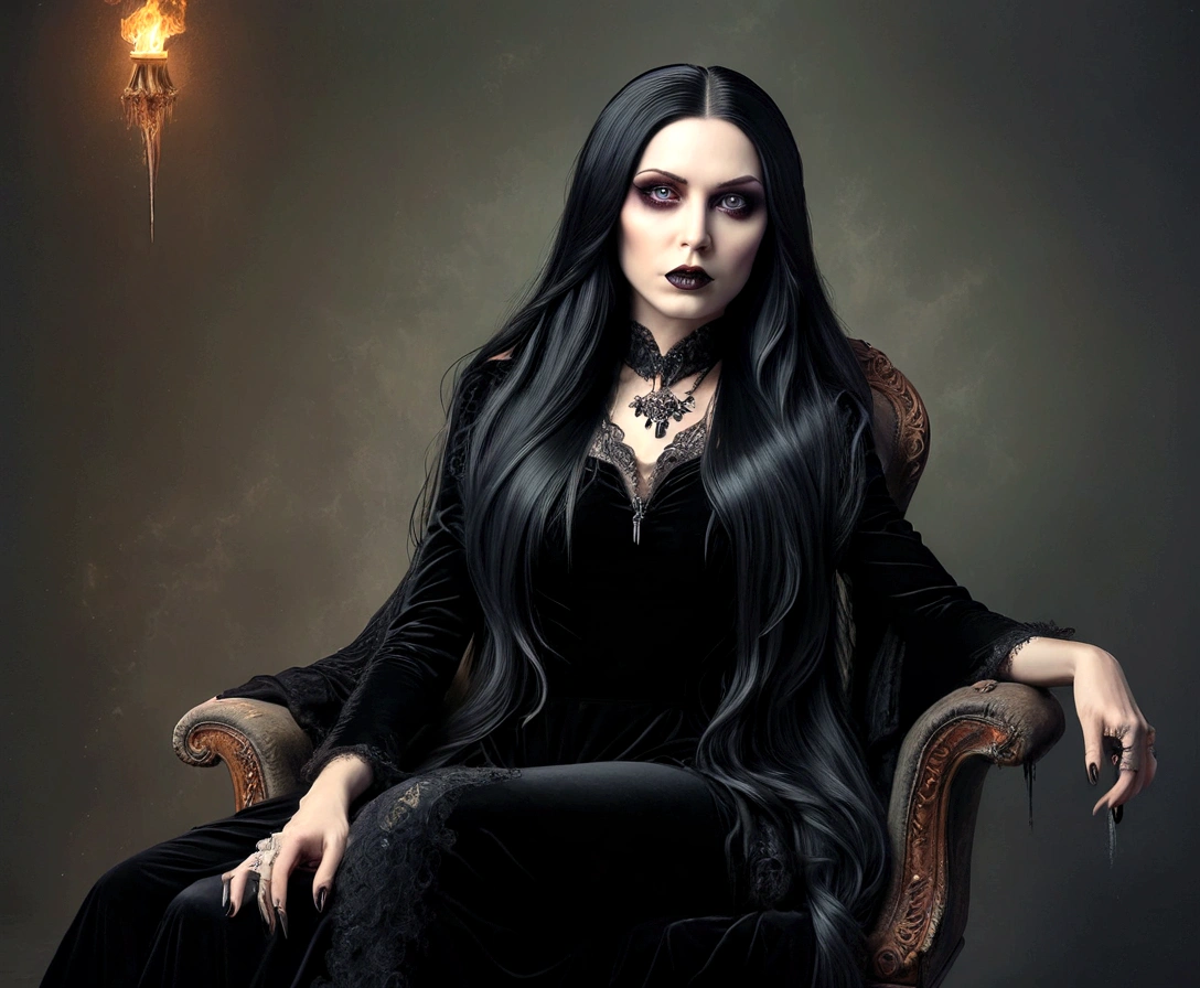 arafed woman sitting in a chair with long black hair, portrait of a dark witch, goth woman, mona lisa as a goth girl, morticia addams, long raven hair, gothic princess portrait, portrait of a lady vampire, creepy gothic portrait, an elegant gothic princess, dark goth queen, amy adams as morticia addams