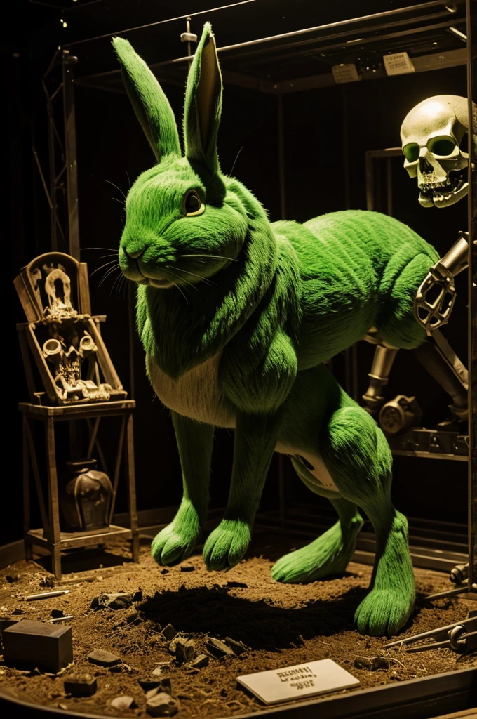 Green rabbit animatronic with human remains inside it