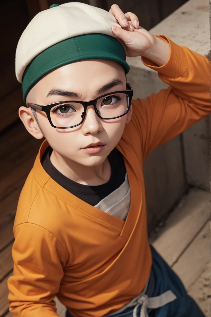 create krillin from dragon ball with glasses and cap
