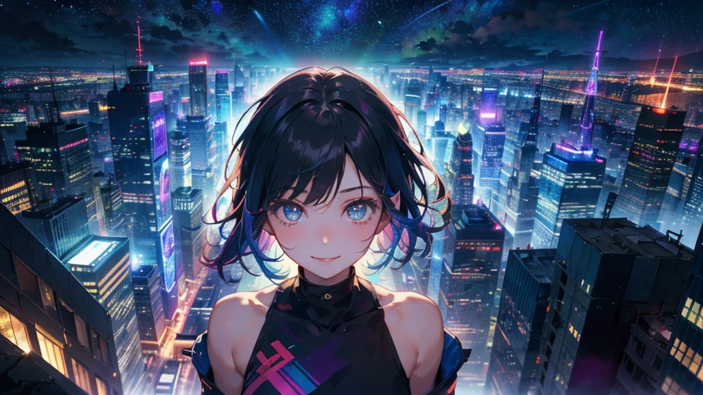 A 20-year-old female、black blue hair、Berry short hair、A bright smile、(High-top gradient:1.3)、mute、Soft colors、High contrast、Colorful background futuristic city、Night City, Night view from above, (Natural skin texture、Surrealism、Soft Light、sharp)