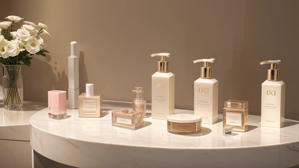 a luxurious skincare product display, elegant clean cosmetics, high-end beauty items, cosmetic packaging, pastel colors, glass bottles, natural ingredients, smooth clean surface, premium quality, serene ambient lighting, luxury brand logo, 4k, photorealistic, professional product photography