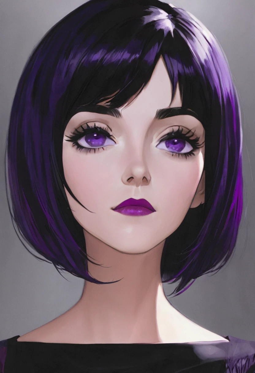 A woman with short black hair and purple eyes.