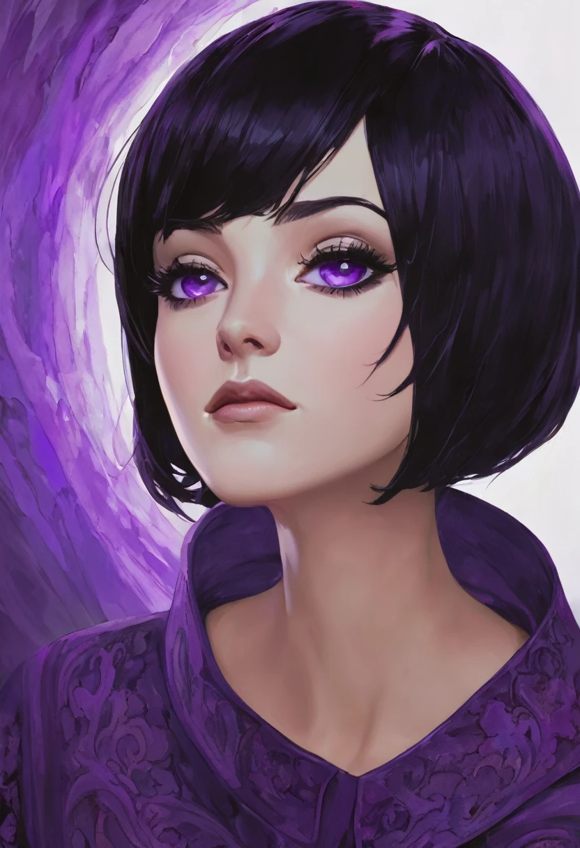 A woman with short black hair and purple eyes.
