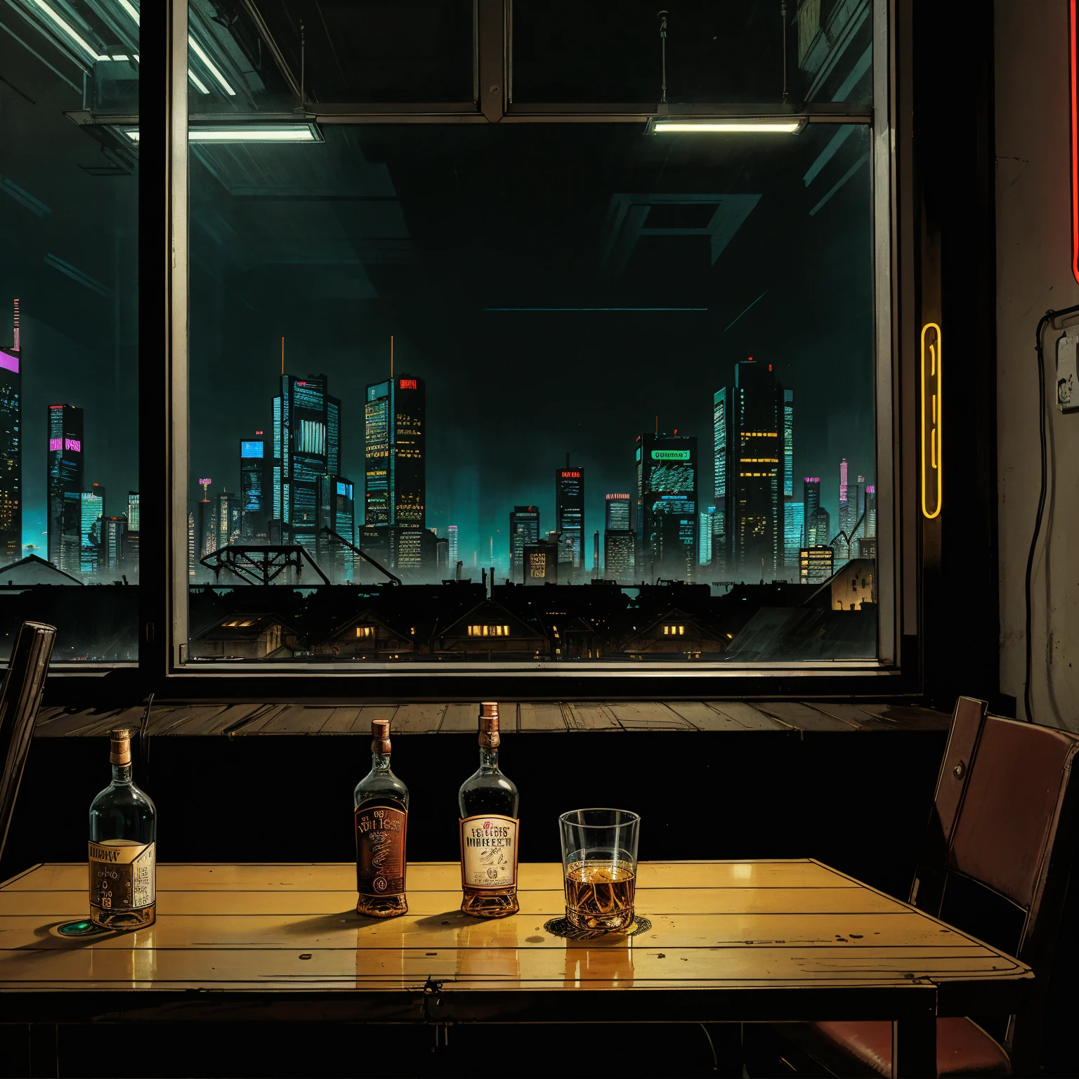 (masterpiece), (cyberpunk living room), (indoor), (window), (cyberpunk city neon lights), (skyscrapers), (realistic illustration), (cinematic), (looking out the window), (single liquor bottle), (single whiskey glass on table), (a 90s stereo)