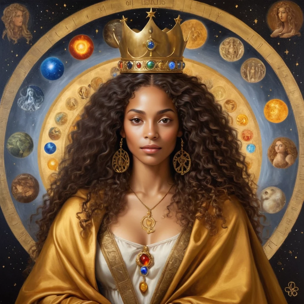 Black woman with a beautiful face and a look of gratitude and unconditional love, long curly hair, glad,  with a crown on his head, royal crown no estilo brittanica e um cedro, with a golden cloak with the 7 chakras, luxurious setting, and with mystical art and beautiful elements, and other deities around her, She looks and beholds the coosmic golden celestial realms, with astrology elements, renaissance painting, oil painting inspirado em leonardo da vinci. astrological divinations, hermeism, elements of astrology, ​masterpiece, cosmic and transcendent vibe, oil painting, picture painting, renaissance painting, baroque art