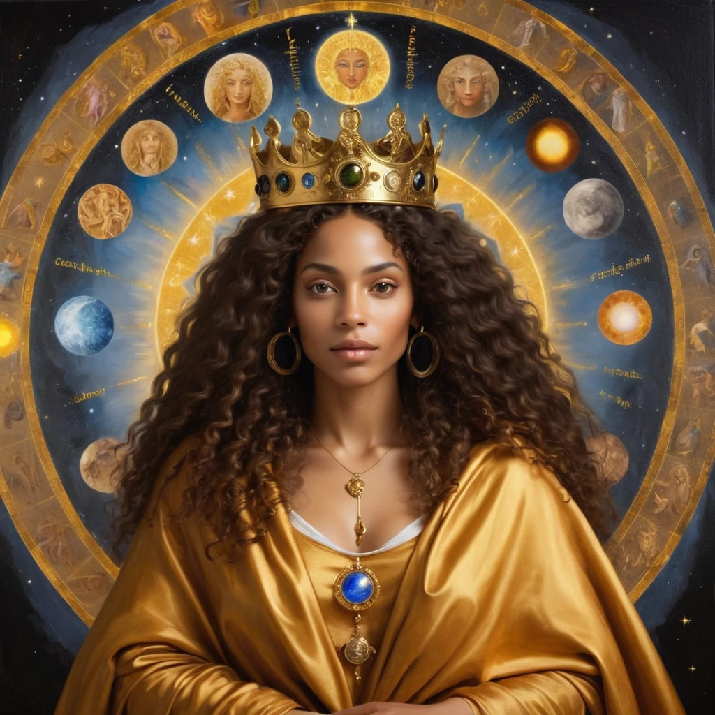 Black woman with a beautiful face and a look of gratitude and unconditional love, long curly hair, glad, with a crown on his head, royal crown no estilo brittanica e um cedro, with a golden cloak with the 7 chakras, luxurious setting, and with mystical art and beautiful elements, and other deities around her, She looks and beholds the coosmic golden celestial realms, with astrology elements, renaissance painting, oil painting inspirado em leonardo da vinci. astrological divinations, hermeism, elements of astrology, masterpiece, cosmic and transcendent vibe, oil painting, picture painting, renaissance painting, baroque art