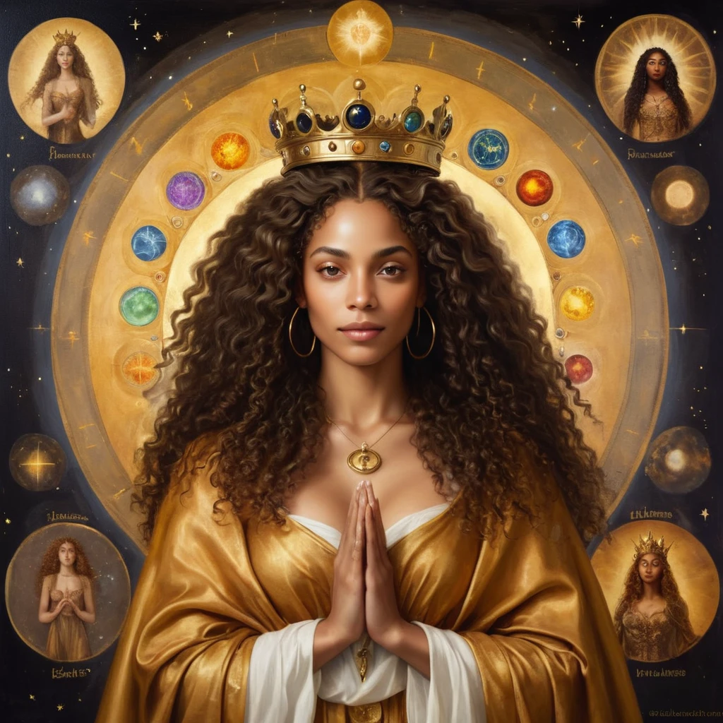 Black woman with a beautiful face and a look of gratitude and unconditional love, long curly hair, glad, with a crown on his head, royal crown no estilo brittanica e um cedro, with a golden cloak with the 7 chakras, luxurious setting, and with mystical art and beautiful elements, and other deities around her, She looks and beholds the coosmic golden celestial realms, with astrology elements, renaissance painting, oil painting inspirado em leonardo da vinci. astrological divinations, hermeism, elements of astrology, masterpiece, cosmic and transcendent vibe, oil painting, picture painting, renaissance painting, baroque art