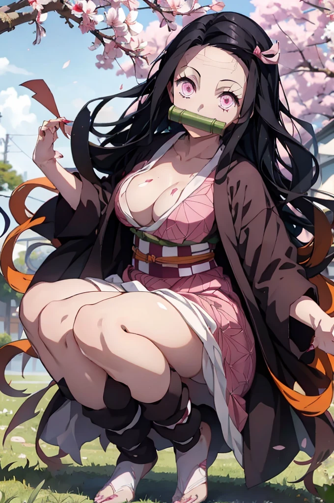 1 woman, full body, nezuko kamado oni mode, with bamboo in her mouth, demon slayer, Kimetsu no yaiba, beautiful, long hair, pink eyes, perfect, ultra hd, naked, showing her breasts, showing her pussy, nails like claws, perfect feet, demon slayer scenario, under a sakura tree, sakura leaves falling from the sky face orgasm