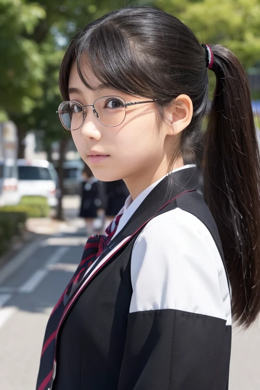 Japanese  high school girls、Black-rimmed straight long hair、A neatly trimmed ponytail