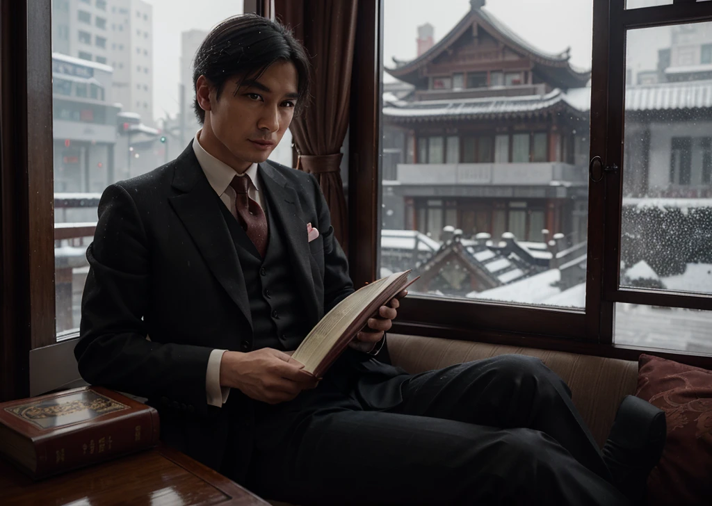 Hyperrealistic 8k high detail china 1920s china republican era shanghai gentleman with a small mole below left lip sitting behind shadowy window, watching the falling snow with only a book on his lap