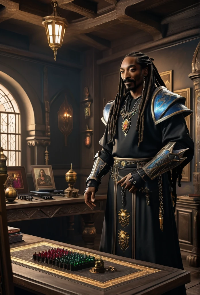 robot with dreadlocks and a black shirt in a room, inspired by Rajmund Kanelba, from warcraft, as a medieval fantasy character, with leonidas beard, snoop dogg as a mage, snoop dogg in mortal kombat, similar to hagrid, snoop dog is a vellarion of the house of the dragon