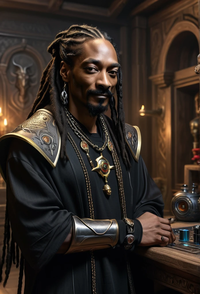 robot with dreadlocks and a black shirt in a room, inspired by Rajmund Kanelba, from warcraft, as a medieval fantasy character, with leonidas beard, snoop dogg as a mage, snoop dogg in mortal kombat, similar to hagrid, snoop dog is a vellarion of the house of the dragon