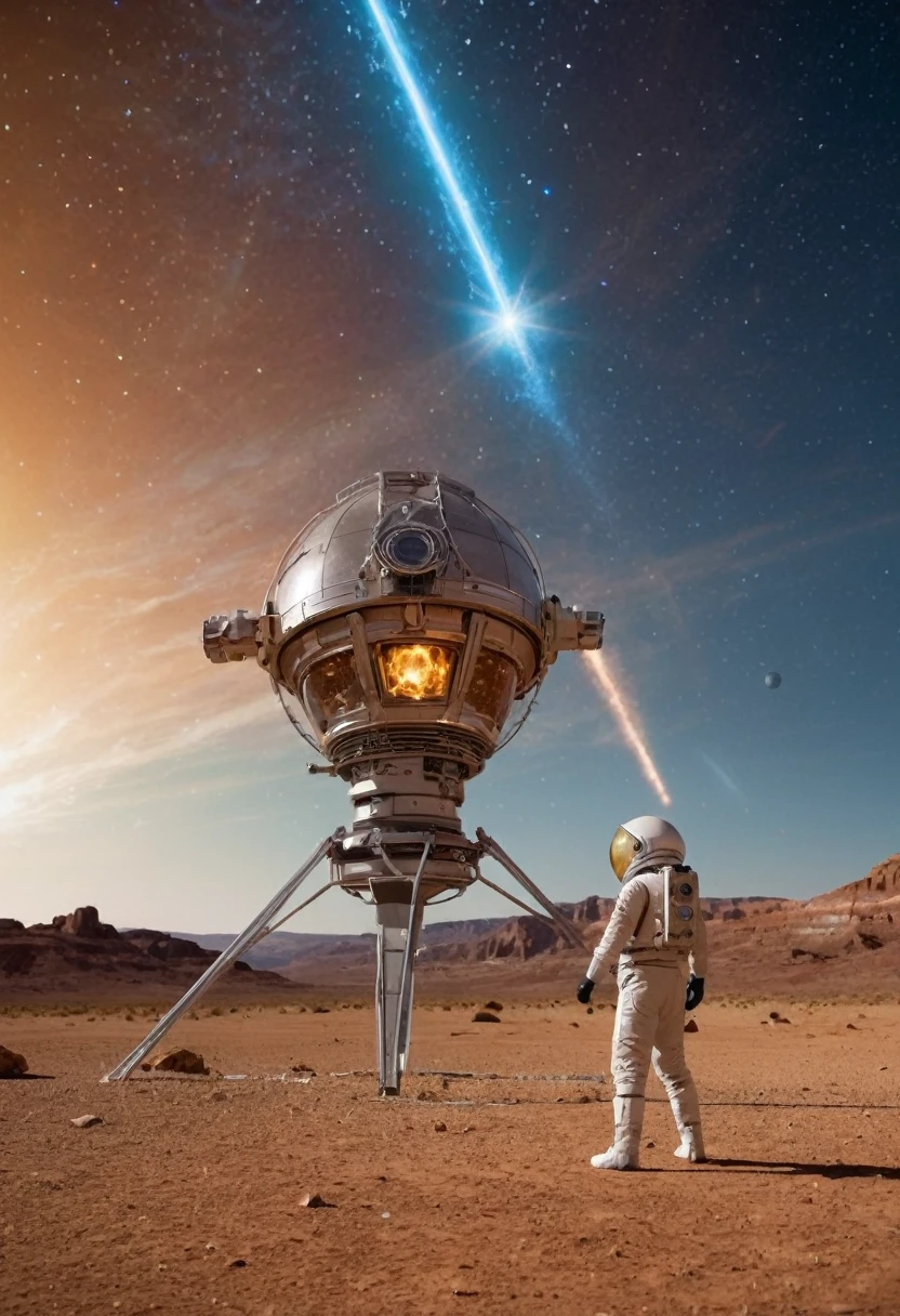 (Space War), sci-fi style, a metallic spacecraft is passing through a wormhole, with unknown galaxies shining in the distance. Enemy ships are still chasing behind, with stars and wormholes in the background, (panoramic view), award-winning, cinematic still, emotional, vignette, dynamic, vivid, (masterpiece, best quality, Professional, perfect composition, very aesthetic, absurdres, ultra-detailed, intricate details:1.3)