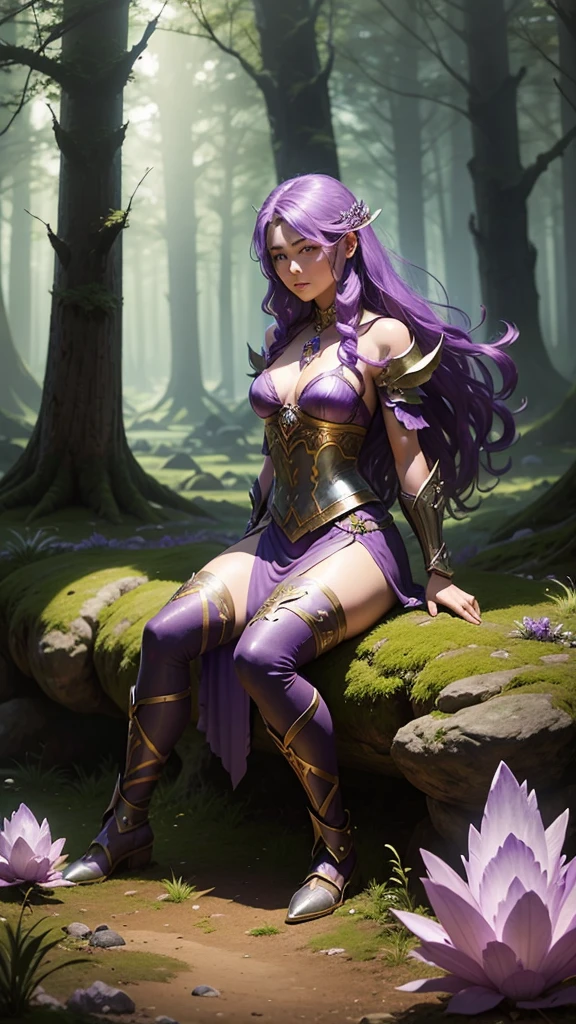 A magical warrior who uses magic in the mysterious Amethyst Forest. Wide perspective, see the scenery