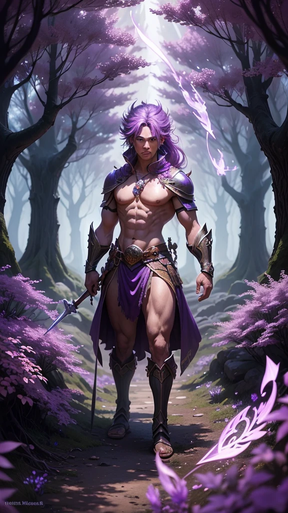 A magical warrior who uses magic in the mysterious Amethyst Forest. Wide perspective, see the scenery