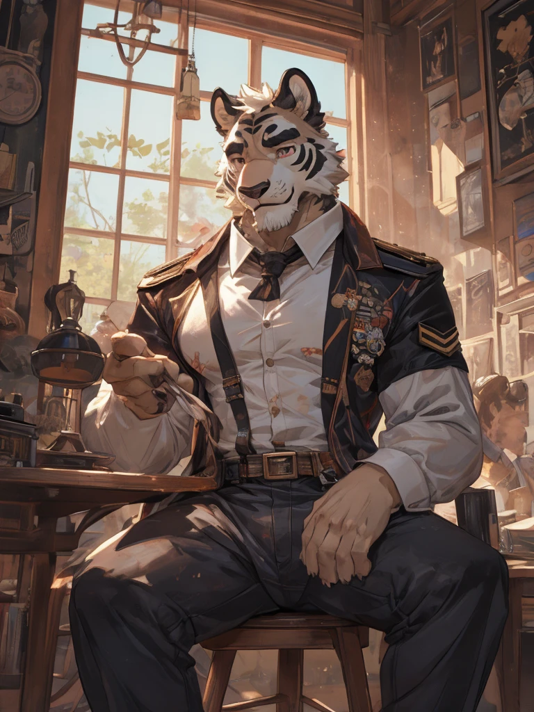 {{bara extremely handsome white tiger,}} {{white fur,}} white, wearing military like purple trench coat, purple trousers, white dress shirt and necktie, white fluffy furry body and limbs, loafers, very tall, very broad shoulders, narrow waist, muscular arms, massive pecs, purple eyes, very long legs,  sitting on swivel chair with legs spread, massive bulge, reading file, sophisticated hot look, full body, sunlight casting over, 3/4 view, best quality, high quality, silver earring on left ear, sultry smirk