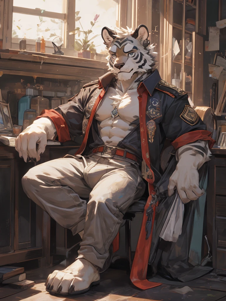 {{bara extremely handsome white tiger,}} {{white fur,}} white, wearing military like purple trench coat, purple trousers, white dress shirt and necktie, white fluffy furry body and limbs, loafers, very tall, very broad shoulders, narrow waist, muscular arms, massive pecs, purple eyes, very long legs, sitting on swivel chair with legs spread, massive bulge, reading file, sophisticated hot look, full body, sunlight casting over, 3/4 view, best quality, high quality, silver earring on left ear, sultry smirk