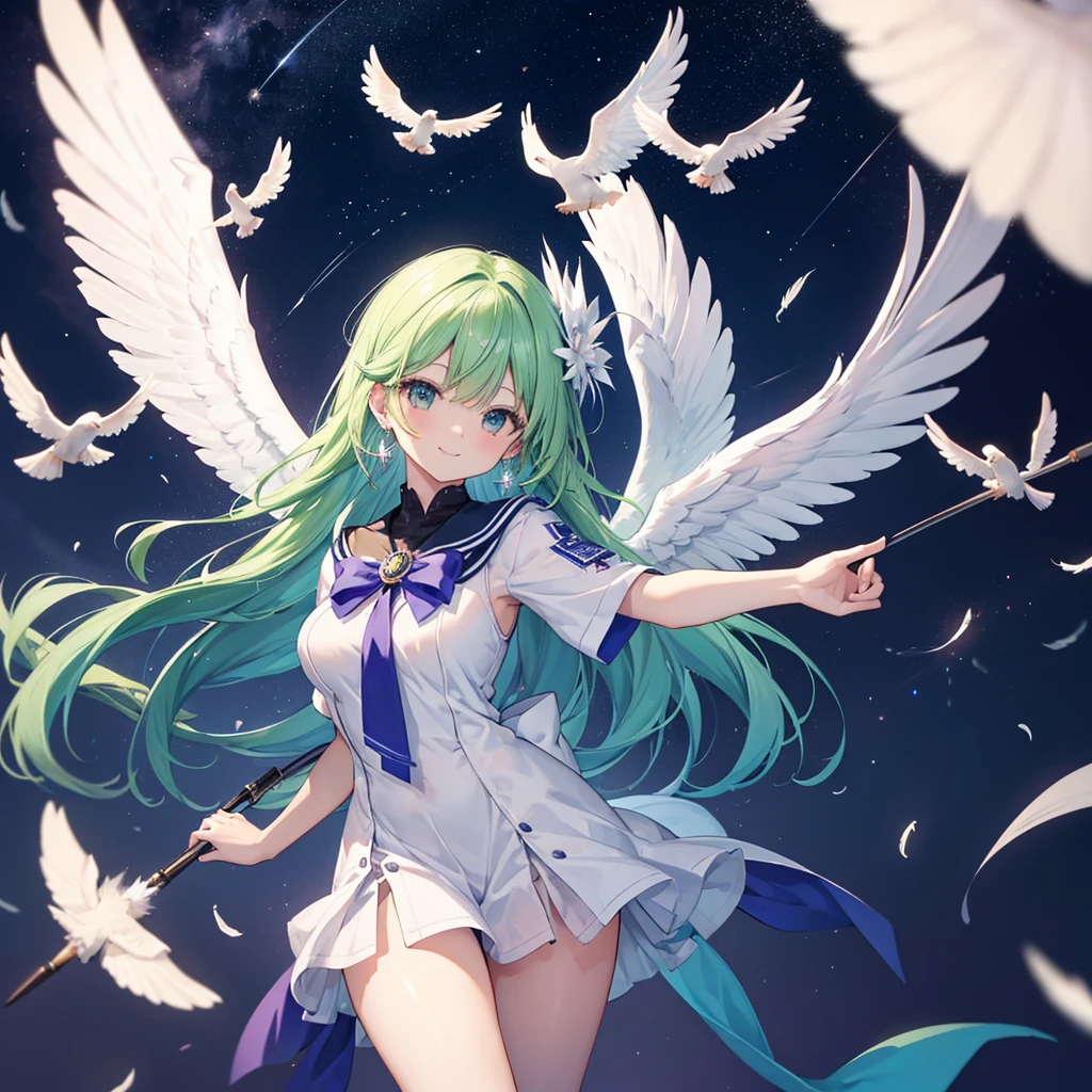 (((Archangel)))　((fluffy feathers　smile　Big feather))，((White Dove　Big full moon))，(End of the Galaxy　shooting star　Sailor suit　Shiny Earrings　Green Hair　Long Hair)，　Shining Edge　Shining Background