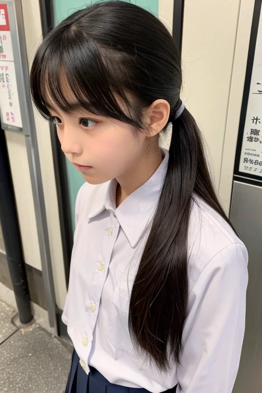 Japanese junior high school girls、Black-rimmed straight long hair、A neatly trimmed ponytail